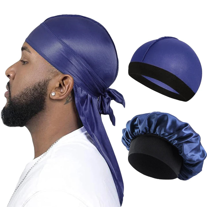 3 Pcs/LOT Men Silky Durag Long Tail Pirate Hat Headband Turban Dome Wave Cap Unisex Wig Cap Elastic Band Satin Bonnet