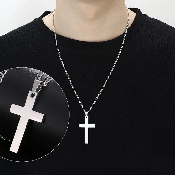 Trendy Stainless Steel Cross Pendant Necklace, Unisex Link Chain Design, Cool Punk Hip Hop Jewelry Gift for Boys and Girls.