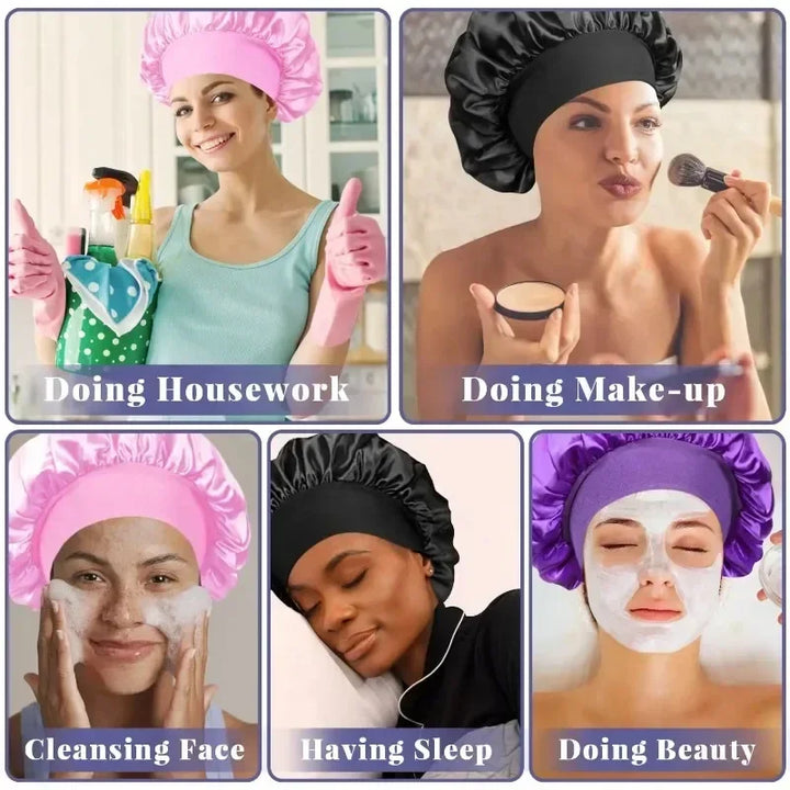 1 Pc Soft Silk Satin Lined Bonnet Large Satin Hair Bonnet Household Sleep Shower Cap Hair Wrap Cover for Long Hair Salon Tool