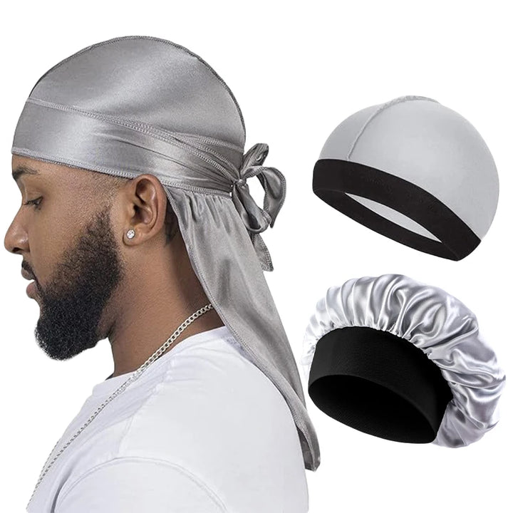 3 Pcs/LOT Men Silky Durag Long Tail Pirate Hat Headband Turban Dome Wave Cap Unisex Wig Cap Elastic Band Satin Bonnet