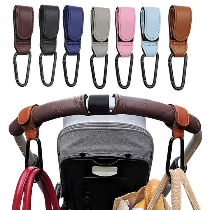 2 Pcs Leather Cart Hooks Baby Stroller Hook PU Adjustable Pram Hook Organizer Diaper Bag Hanger Children Travel Accessories