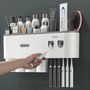 Supporto per spazzolino da denti invertito con adsorbimento magnetico, dispenser automatico di dentifricio doppio da parete, accessori per bagno