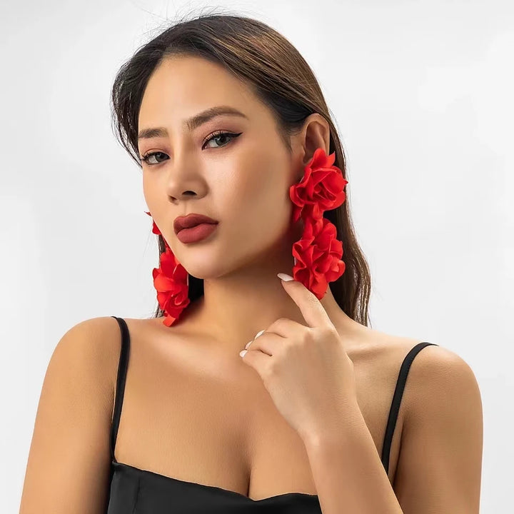 Big Fabric Flower Drop Earrings for Women Trendy Elegant Long Drop Earring Red Black White Flower Stud Earrings Wedding Jewelry