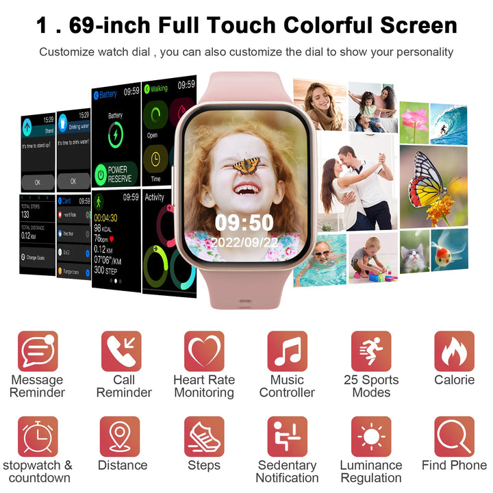 Relógio Inteligente, Relógio Fitness para Homens e Mulheres, Smartwatch Touch de 1,69'' com Pedomêtro/Monitor de Sono.