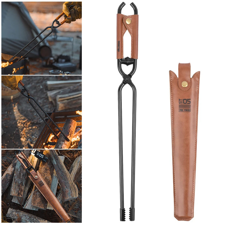 Camping Fire Poker with Leather Cover BBQ Charcoal Clips Lightweight Long Handle Fire Poker Anti-Scald Outdoor Camping BBQ Tools