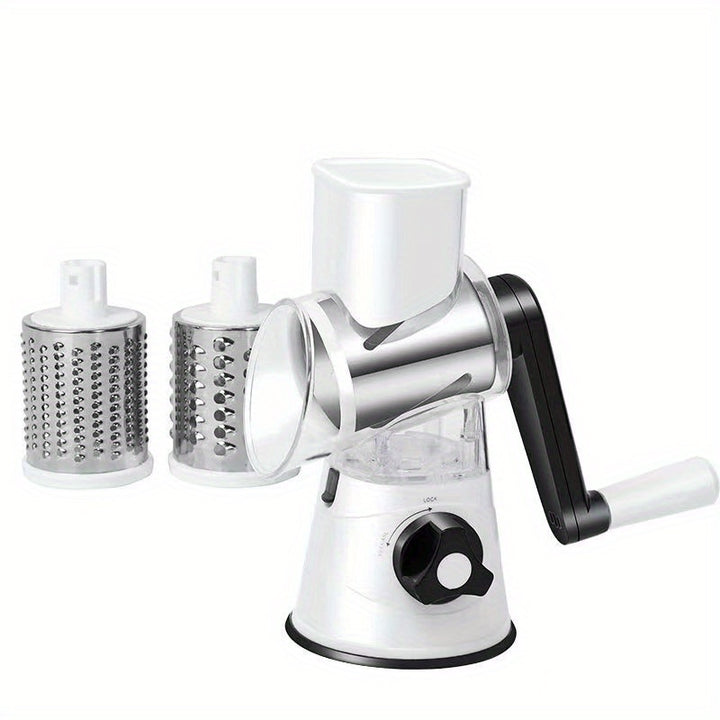 Rotary Cheese Grater and Vegetable Slicer - Kitchen Mandoline with 3 Interchangeable Blades, Easy-to-Clean for Fruits, Potatoes, Carrots, Nuts