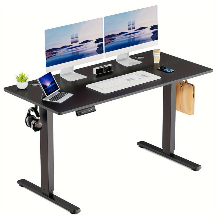 63" Adjustable Height Electric Standing Desk - Modern Wooden Workstation with 4-Panel Display Setup, Storage Shelf & Hooks for Home Office, Bedroom, or Gaming Room, Workspace Organizer | Sleek Metal Frame | Iron Construction,