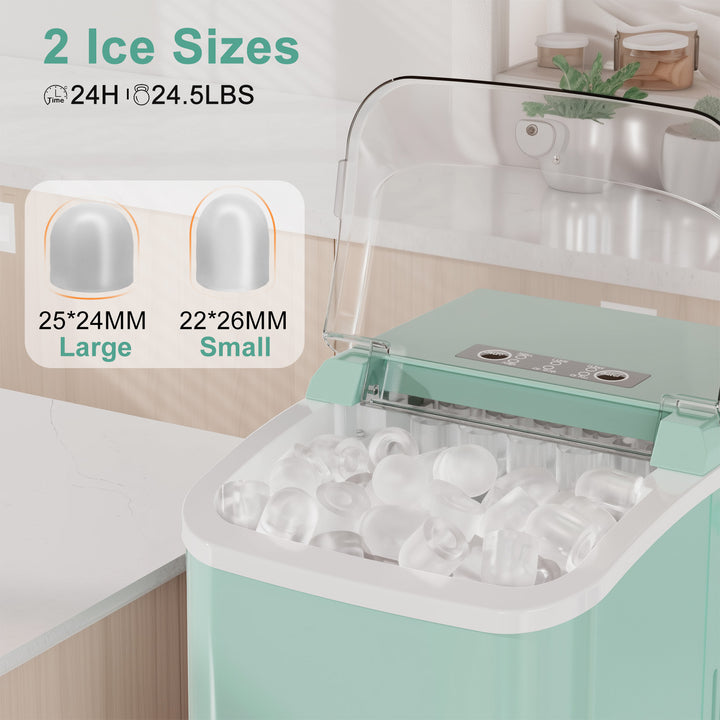 Upgraded Countertop Ice Maker with Free Ice Shovel, 9 Cubes in 6 Mins, Portable Self-Cleaning Ice Machine, 2 Sizes of Bullet Ice, Ice Scoop, Basket and Handle Included, Ice Cube Maker for Home Kitchen Party Camping