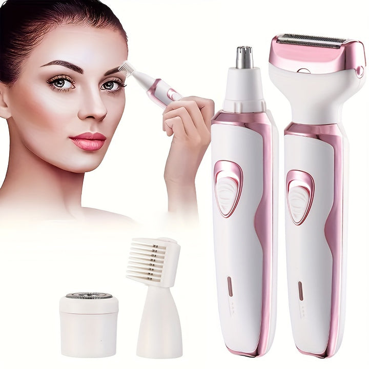 USB Rechargeable 4-in-1 Electric Razor Kit - Painless Shaver for Face, Nose, Legs & Bikini Area - Wet/Dry Use, Portable with 500mAh Lithium Battery