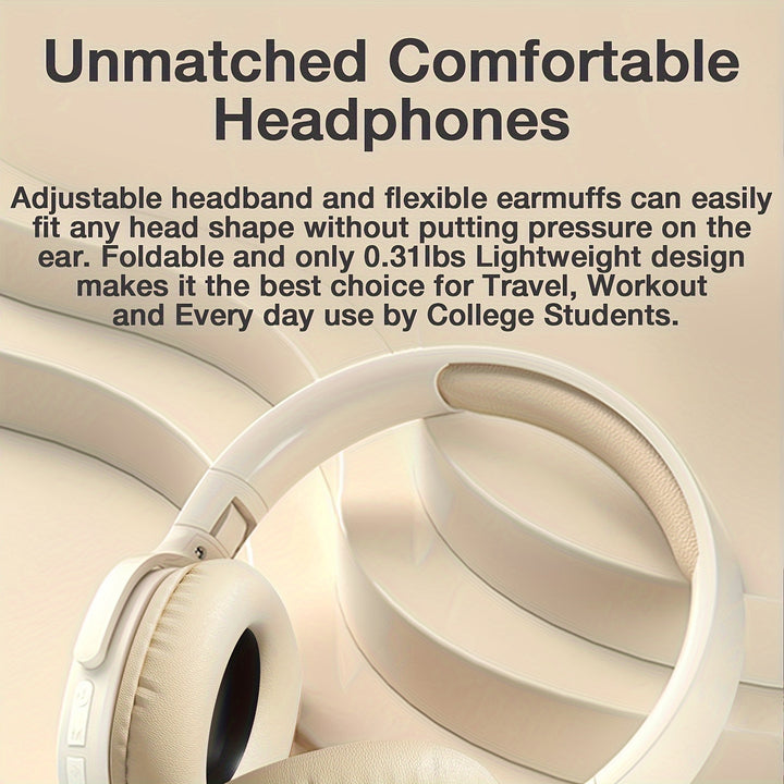 GENAI P2961 Over-Ear Wireless Headphones - Sleek White & Beige, 20H Playtime, Comfortable & Foldable, Wireless Connectivity, Noise-Canceling Mic, Ideal for Travel, Home, Office - Perfect Gift for Women, Teens