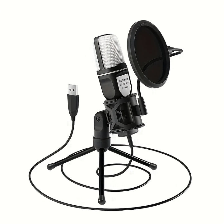 Game microphone, USB PC microphone for podcast videos, streaming media, condenser microphone with fast mute function, tripod, spray hood, RGB indicator light, shock absorber, rotary gain button, compatible with PS4/5/PC