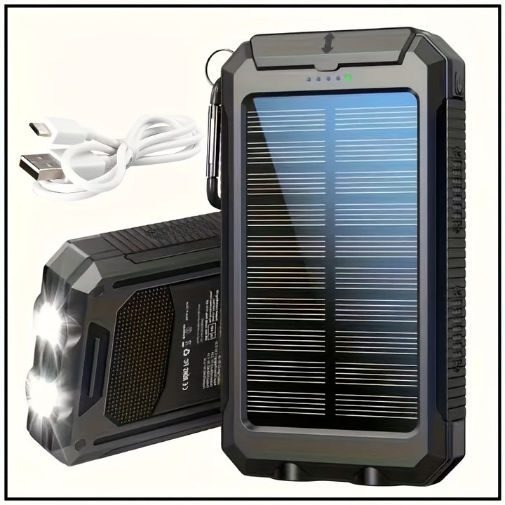 Carregador Portátil USB Power Bank Solar para Celulares, Bateria Externa de Backup para Camping com Saída Dual de 5V USB, 2 Luzes LED Lanterna com Ponteiro