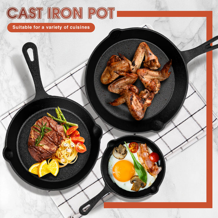 Premium 3pcs Cast Iron Skillet Set - Non-Stick Skillet with Drip Spout, Perfect for Holiday Cooking, RV Use, And Campfire Meals