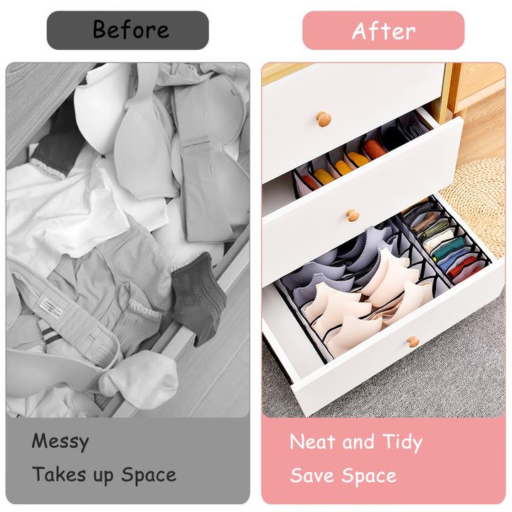 [Foldable Nylon Bra Organizer] 5pcs Foldable Nylon Bra Organizer - Closet Underwear Organizer Drawer Divider for Women - Includes 6/7/7/11/11 Cell for Lingerie, Underwear, Socks, Ties (Black)