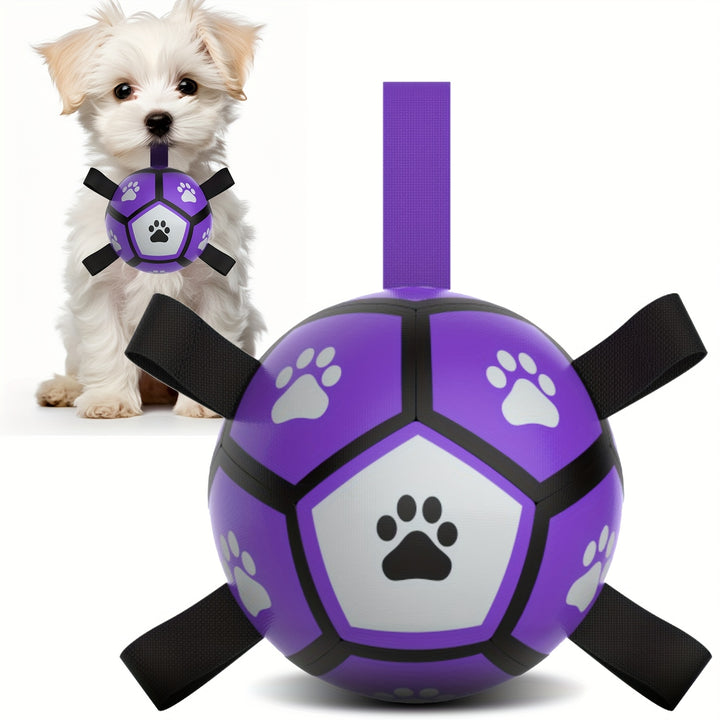 Purple and Black Durable Rubber Interactive Dog Soccer Ball Toy - Paw Print Design, Straps for Tug-of-War, Ideal for Small to Large Breeds, Indoor & Outdoor Play