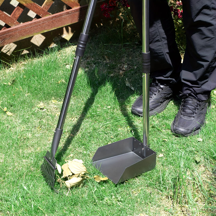 Ensemble de ramasse-crottes en acier inoxydable pour chien, plateau et râteau durables et résistants à la rouille, pelle de collecte des déchets pour animaux avec poignées réglables, facile à nettoyer, idéal pour toutes les races.