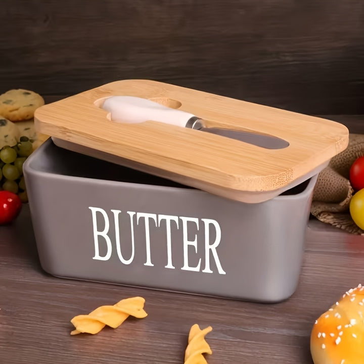 1 Pc Luxury Large Butter Dish with Lid - Ceramic Countertop Keeper with Knife Sealing and Design - Perfect Kitchen