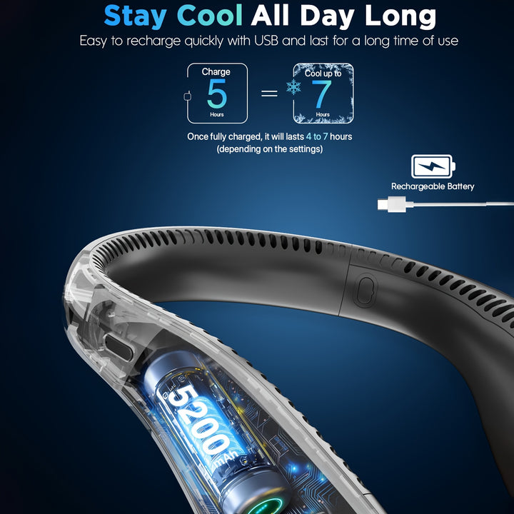 [5200mAh Portable Neck Fan] Rechargeable Portable Neck Fan - 5200mAh USB-Powered Hands Free Bladeless Cooling Fan With 3 Speed | Compact & Lightweight For Outdoor, Travel, Picnic, BBQ, Fishing, Jobsite | Battery Powered (4-16