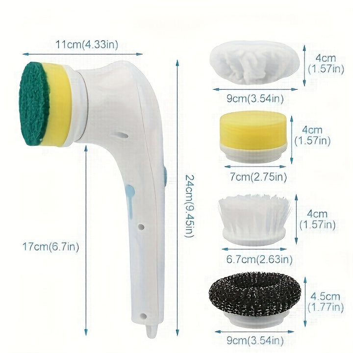 A Cordless Handheld Cleaning Brush with 5 Interchangeable Brush Heads, a Portable Rotating Scrubber, Suitable for Use in Bathrooms, Bathtubs, Wall Tiles, Floors, And Kitchens.
