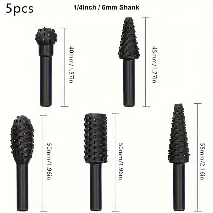 5pcs/10pcs Wood Carving File Rasp Drill Bit, 1/4" 6mm Rotary Rasp Drill Bit Set, DIY Woodworking Rotating Embossed Chisel Shaped Shank Tool Burr Power Tools For Engraving Polishing Grinding