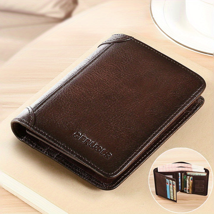 Men's Ultra-thin Double-folded Leather Front Pocket RFID Wallet with 2 ID Card Windows