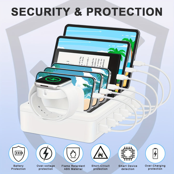 50W 6-Ports Fast Charging Station - Multiple Devices USB Charging Station With 10-Slot, Detachable Dividers, Watch Holder - Compatible With Phone/iPad/Kindle/Tablet