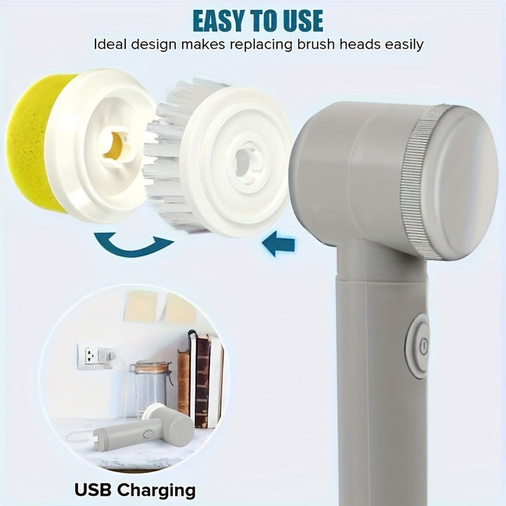 [5 Interchangeable Brush Heads Scrubber] Electric Spin Scrubber, a Portable Cleaning Tool Featuring 5 Interchangeable Brush Heads, Designed for High-Speed Cleaning in Kitchens And Bathrooms. It Is a Rechargeable Multipurpose