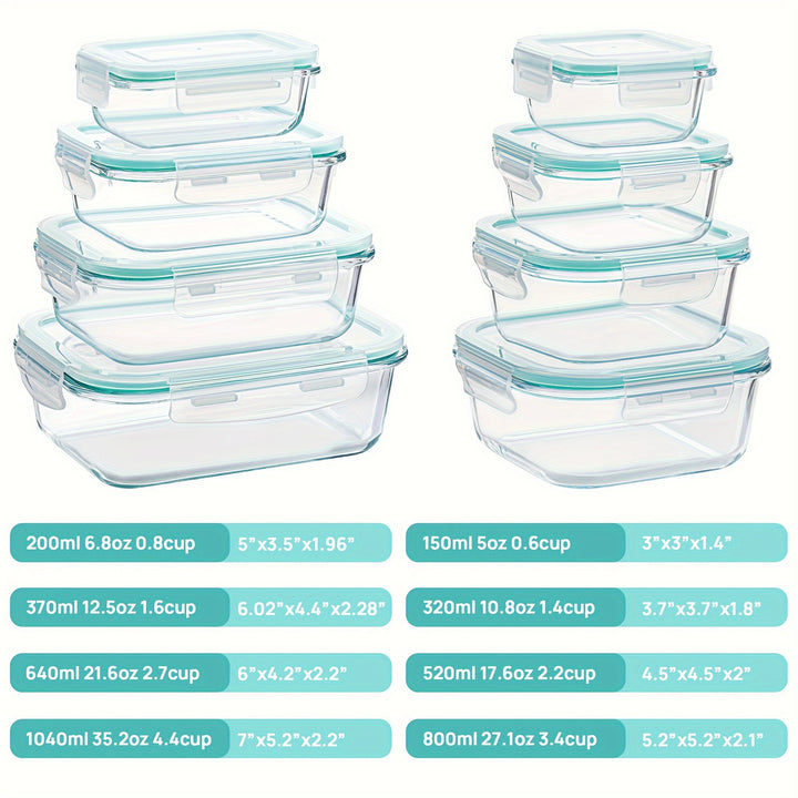 8pcs Glass Food Storage Containers, Meal Prep, Airtight Bento Boxes with Leak Proof Locking Lids, for Microwave, Lunch Boxes, Oven, Freezer And Dishwasher, BPA Free