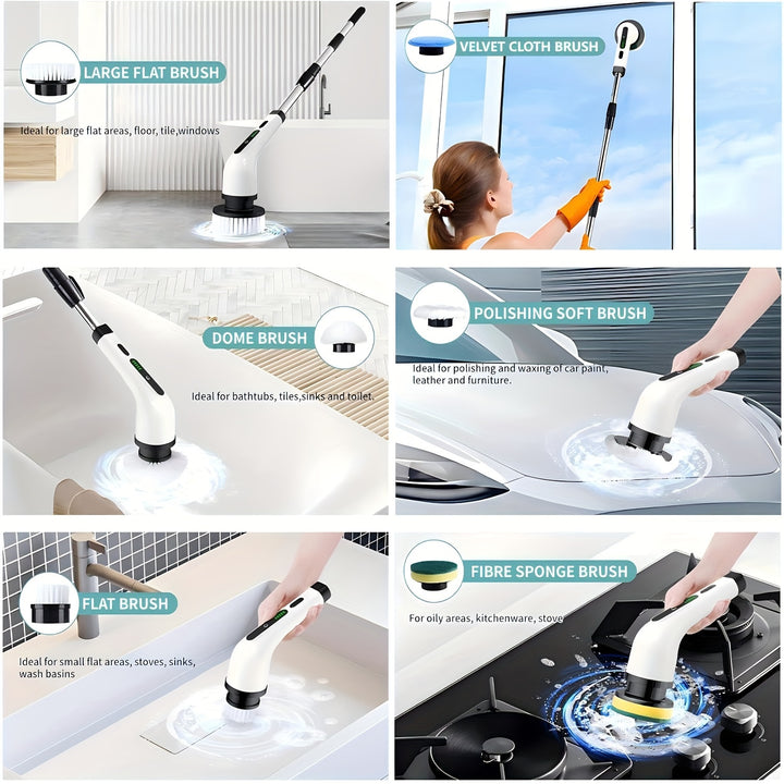 Lave-sol électrique rotatif 2025, brosse de nettoyage rechargeable, lave-sol de douche, avec 9 têtes de brosse, puissance de 2H à double vitesse, poignée extensible réglable, convient pour baignoire, sol en carrelage, voiture, blanc.