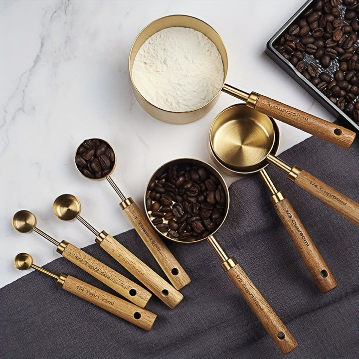 [8pcs Stainless Steel Measuring Cup] 8pcs Stainless Steel Measuring Cup And Spoon Set | Acacia Wooden Handle For Dry Goods And Liquid Ingredients, Baking Tools DIY, Seasoning Spoon Take Powder Spoon Coffee Spoon