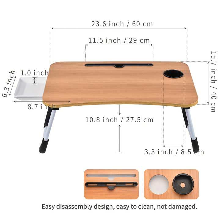 Portable Foldable Laptop Bed Desk Tray with Cup Holder & Drawer - Hardwood & Metal Construction, Large Lap Table for Reading, Writing & Studying - Ideal for Bed, Sofa, Couch - No Assembly Required, Laptop Table for Bed