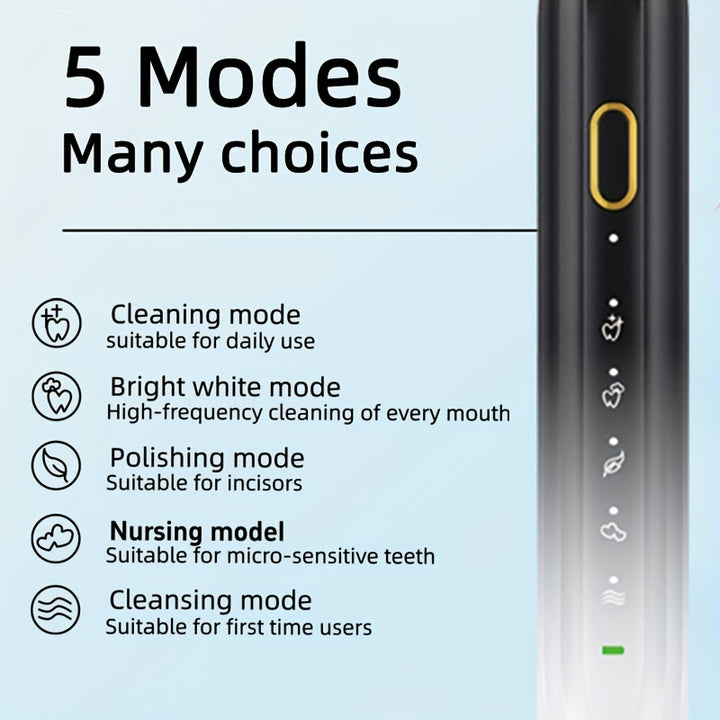 IPX8  Sonic Electric Toothbrush with USB Charging, Couples with Replaceable Head Metal Shaft Electric Toothbrush for Adults, Men And Women, Smart Timer And 5 Replacement Brush Heads