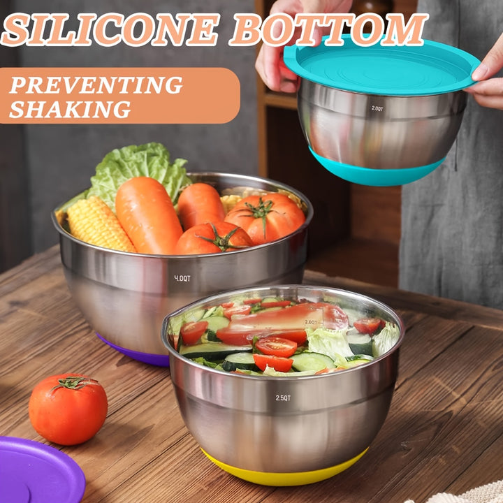 Mixing Bowls with Airtight Lids, 26 Pcs Stainless Steel Bowls Set, 3 Grater Attachments & Black Non-Slip Bottoms Size 7, 4, 2.5, 2.0, 1.5, 1QT