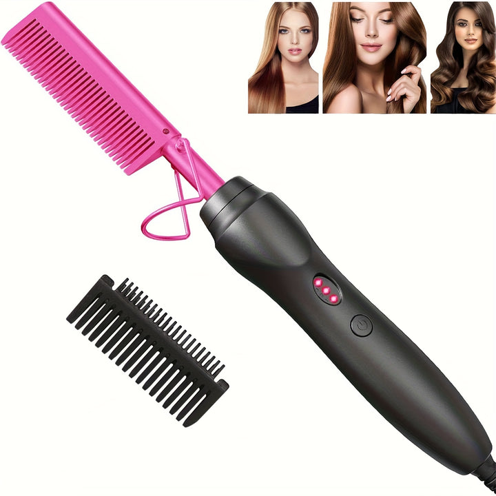 Hot Comb Hair Straightener Portable Ceramic Curler, Copper Hot Comb Heat Press Curl/Straight Hair Styling Brush for Hair Beard Wig Wet and Dry Hair Styling Tools