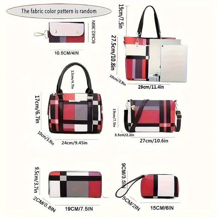 Large Capacity 6pcs/set Checkered Pattern Bag - Shoulder, Crossbody, Clutch, Long & Short Wallet