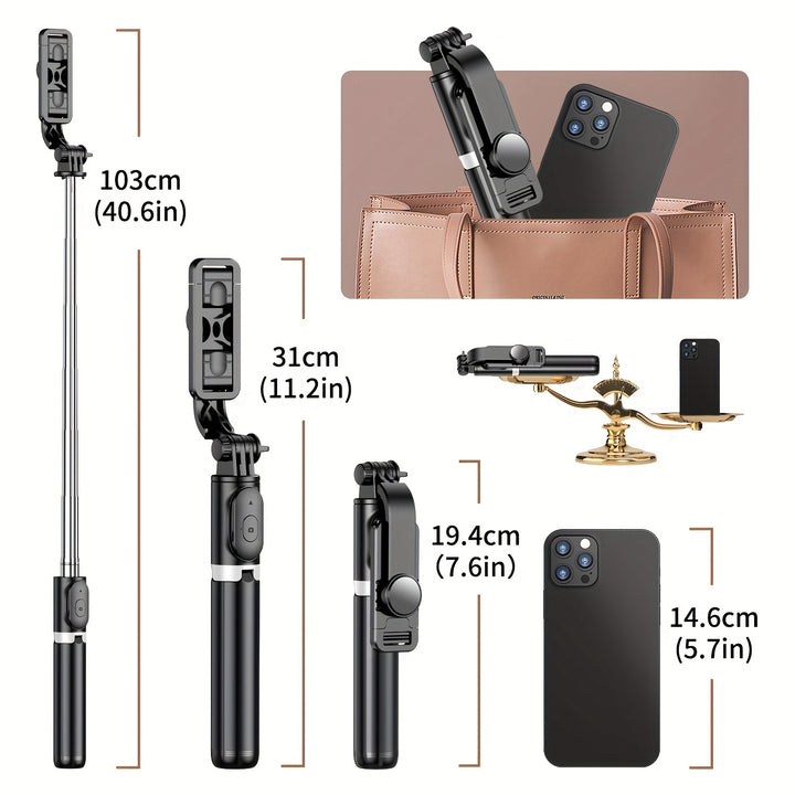 Erweiterbarer 40" Selfie-Stick Stativ - All-in-1 Smartphone-Ständer mit kabelloser Fernbedienung 360°-Drehung - Kompatibel mit iPhone 14/13/12/12 Pro/11/11 Pro/XS/XR/X/8/7 Plus, Samsung, Google, LG, Sony Smartphones