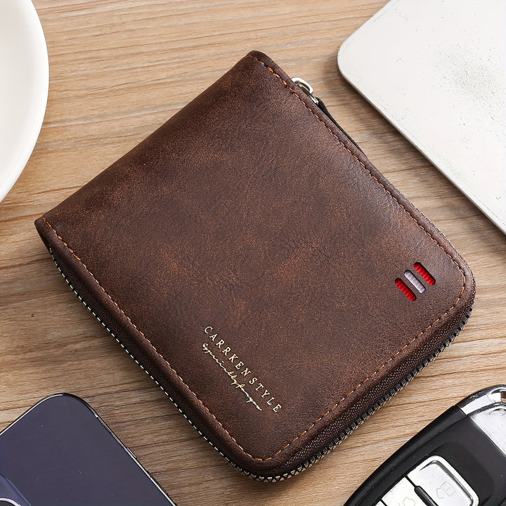 Men's Zipper Short Wallet, Multi-card Card Holder, PU Leather Bifold Wallet Money Clip With Coin Pocket, Gift For Men