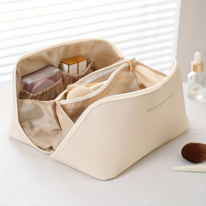 Women's Waterproof PU Leather Cosmetic Bag - Spacious Organizer with Dividers & Handle