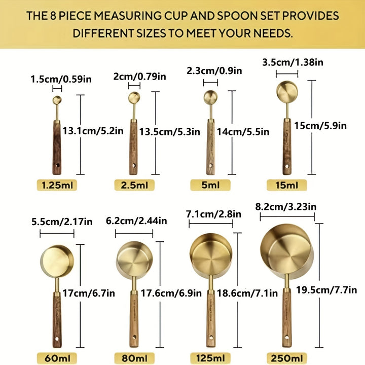 [8pcs Stainless Steel Measuring Cup] 8pcs Stainless Steel Measuring Cup And Spoon Set | Acacia Wooden Handle For Dry Goods And Liquid Ingredients, Baking Tools DIY, Seasoning Spoon Take Powder Spoon Coffee Spoon
