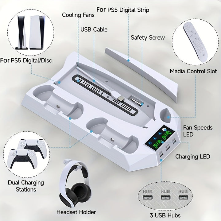 [Dual Charging PS5 Stand Station] PS5 Stand and Cooling Station with Dual Controller Charging Station for Playstation 5 Console, PS5 Accessories Incl. Controller Charger, Cooling fan, Headset holder, 3 USB Hub, Media Slot, Sc