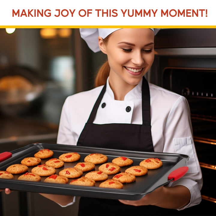 3pcs Carbon Steel Non-stick Kitchen Oven Baking Pan, Luxurious and Fashionable Non-stick Inside and Outside, Commercial Grade Restaurant Quality Metal Baking Pan, with Red Silicone Handle