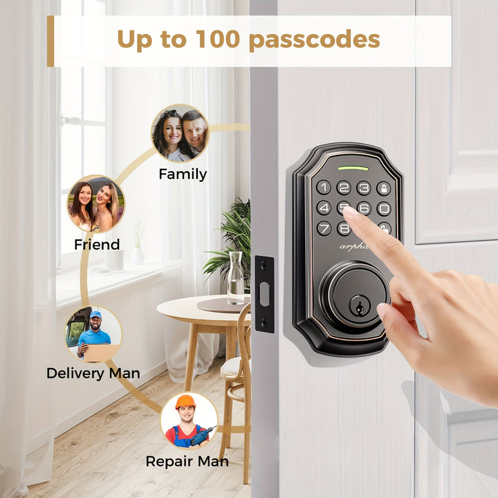 [Smart Keyless Entry Door Lock] Arpha Smart Keyless Entry Door Lock - Auto Lock/Unlock, 100 Code Anti-Peek Combination, Easy Installation, Low Battery Alarm, Strong & Heavy Zinc Alloy, Black & Orange, for Secure Home Access,