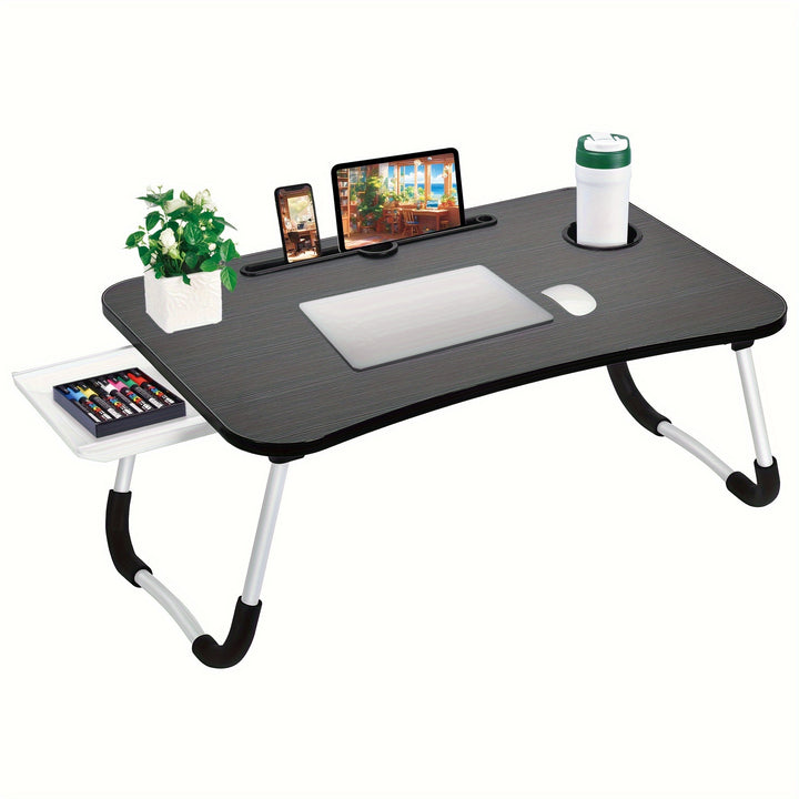 Portable Foldable Laptop Bed Desk Tray with Cup Holder & Drawer - Hardwood & Metal Construction, Large Lap Table for Reading, Writing & Studying - Ideal for Bed, Sofa, Couch - No Assembly Required, Laptop Table for Bed