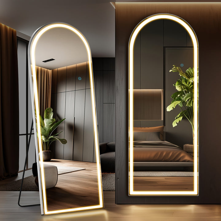 [LED Lighted] Arched Full-length Dressing Mirror - Aluminum Frame with LED Light - For Bedroom or Living Room Use