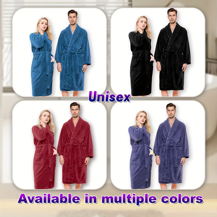 Unisex Extra Warm Coral Fleece Bathrobe Mens and Women Adult Robes for Your Bathroom Bedroom Shawl Collar Robes