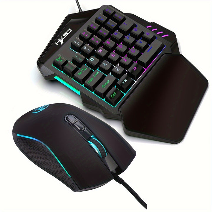 HXSJ Gaming One-Handed Keyboard And Mouse Set with 35 Keys, Dual-Color Injection Molded Keycaps, Colorful Backlight, USB Plug-And-Play Optical Mouse Combo Suitable for Gaming.