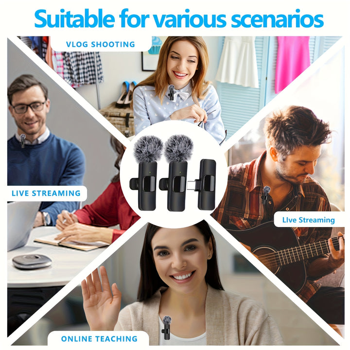 Wireless Lavalier Microphone Clip Microphone for iPhone iPad Android USB-C Cordless Clip-on Microphone, Plug And Play, Audio Video Recording Live Streaming Interviews
