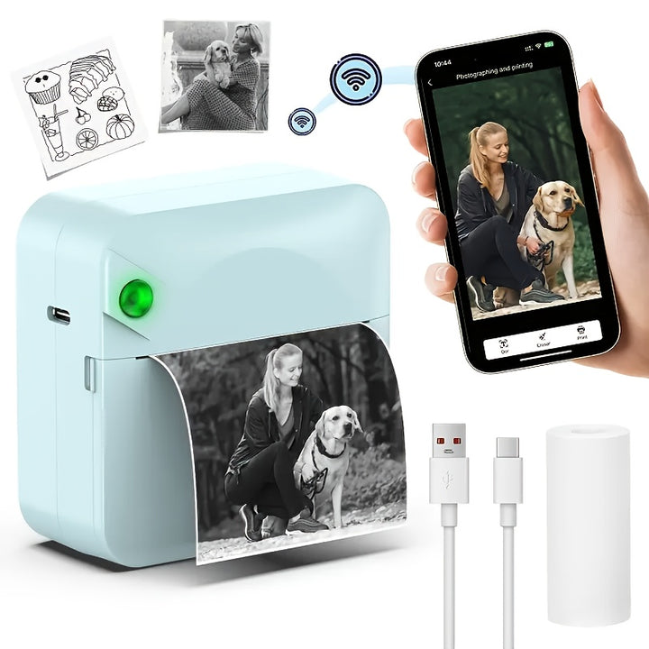 Micro Printer, Pocket Printer, Inkless Sticker Thermal Printer with 1 Roll of Thermal Paper, Wireless Portable Receipt Printer