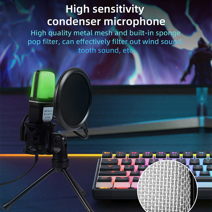 Game microphone, USB PC microphone for podcast videos, streaming media, condenser microphone with fast mute function, tripod, spray hood, RGB indicator light, shock absorber, rotary gain button, compatible with PS4/5/PC