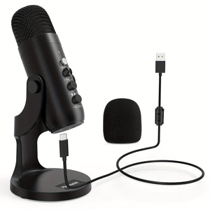 Microphone USB, Microphone à condensateur pour ordinateur PC, Microphones de jeu Plug&Play pour PS 4&5. Sortie casque & contrôle du volume, contrôle du gain du micro, bouton muet pour vocal, pour podcast YouTube sur Mac&Windows Noir